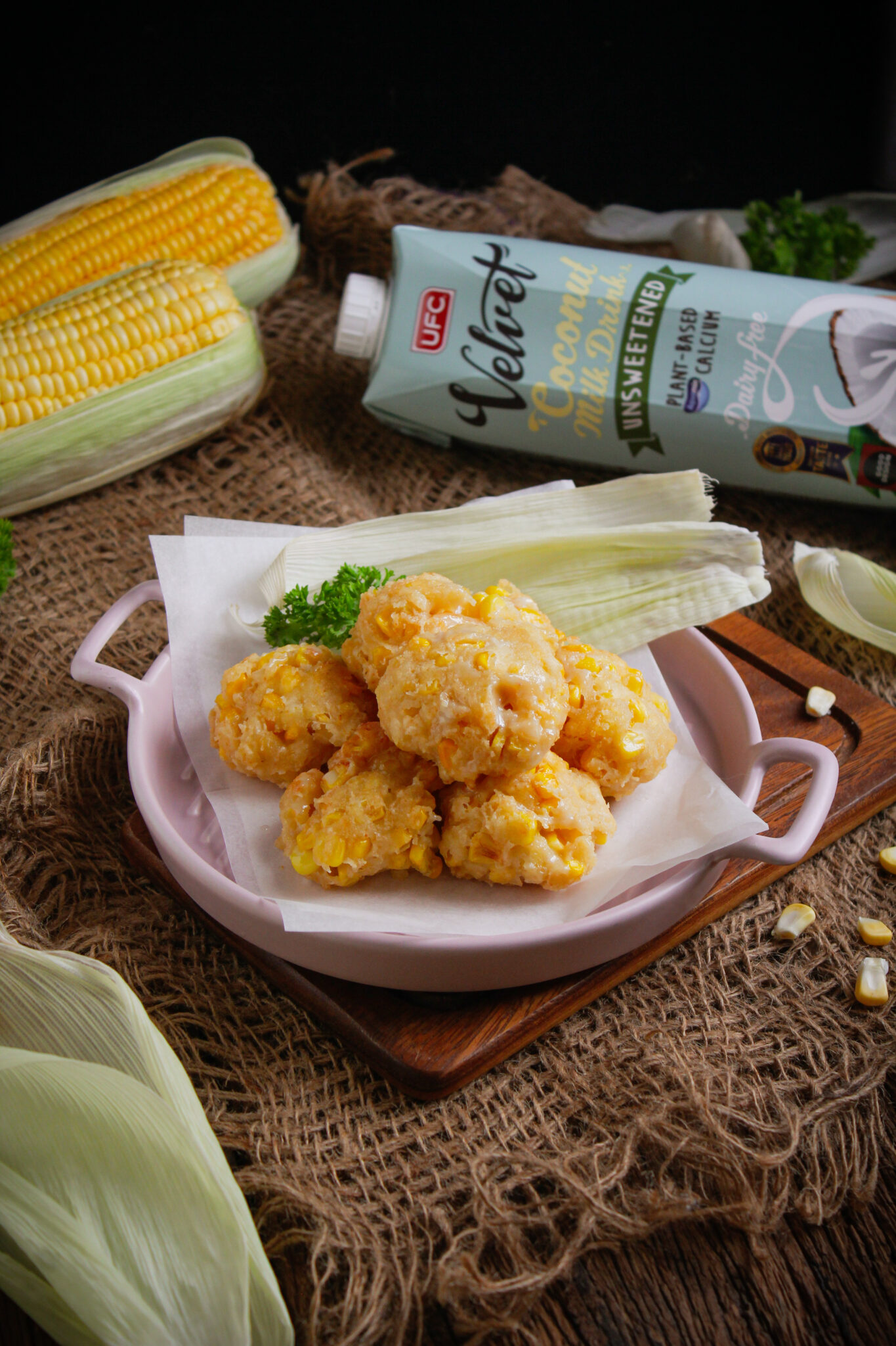 Vegan Deep Fried Corn Balls UFC REFRESH COCONUT WATER