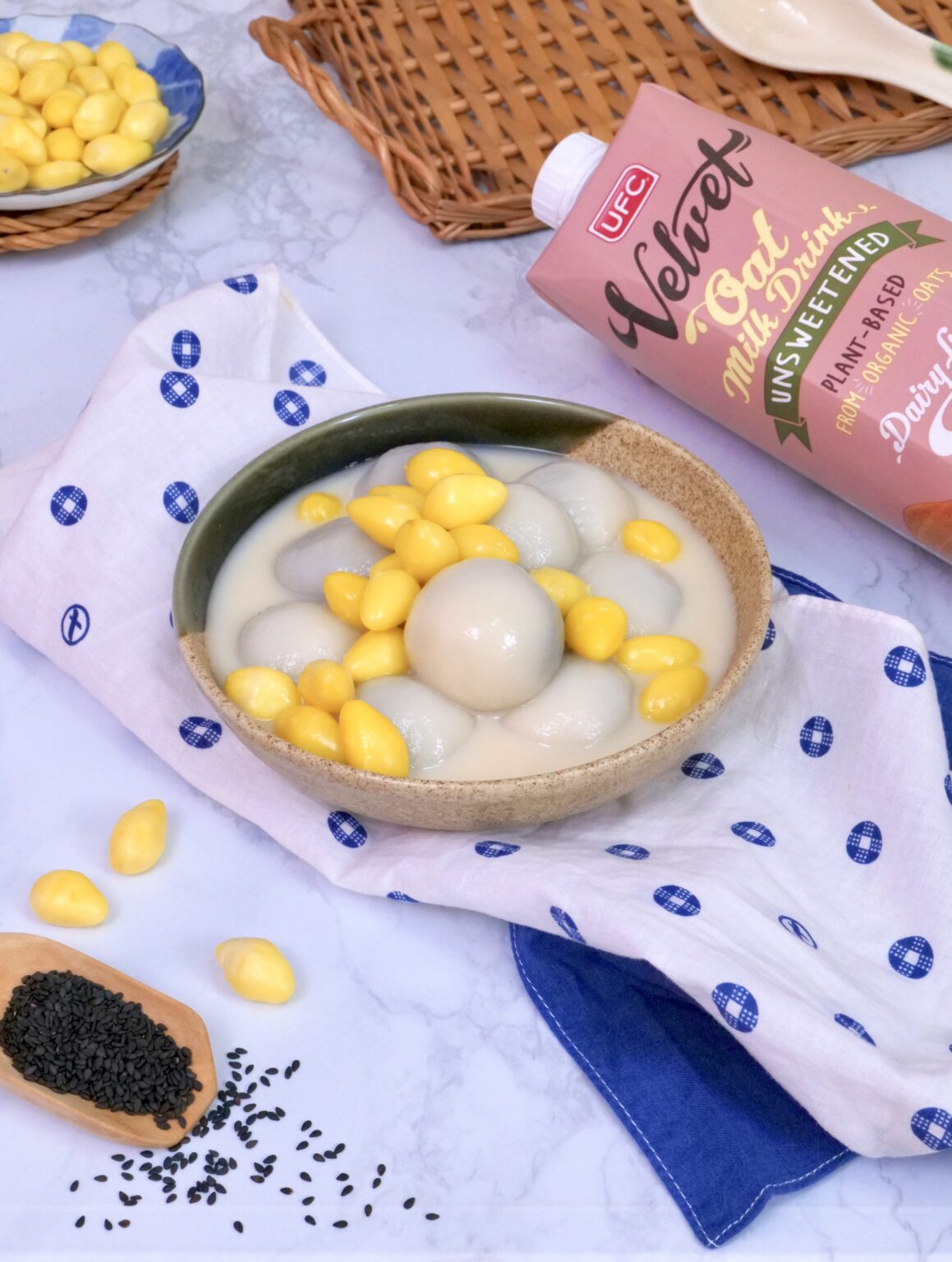 Black Sesame Dumplings in Oat Milk UFC REFRESH COCONUT WATER